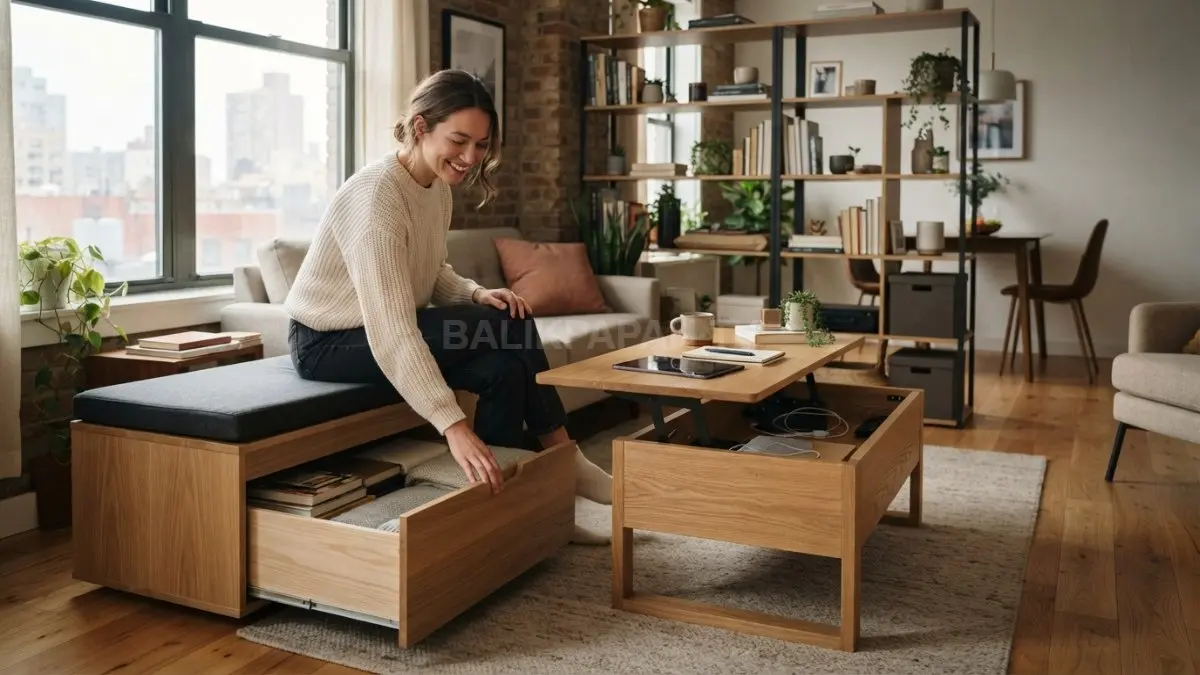 Furnitur multifungsi membantu menghemat ruang, menyimpan barang, dan menjaga rumah tetap rapi tanpa banyak perabot. (BTV/AI)