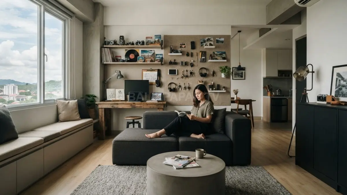 Gaya interior tomboy memadukan furnitur fungsional, warna netral, material natural, serta penyimpanan fleksibel untuk karakter ruang. (BTV/AI)