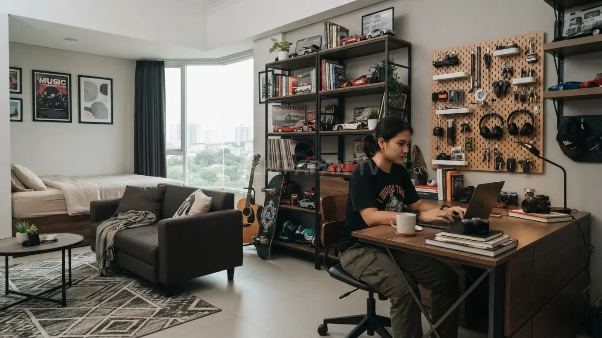 Gaya tomboy modern memadukan furnitur multifungsi, warna netral, penyimpanan vertikal, dan dekorasi hobi yang fleksibel. (BTV/AI)