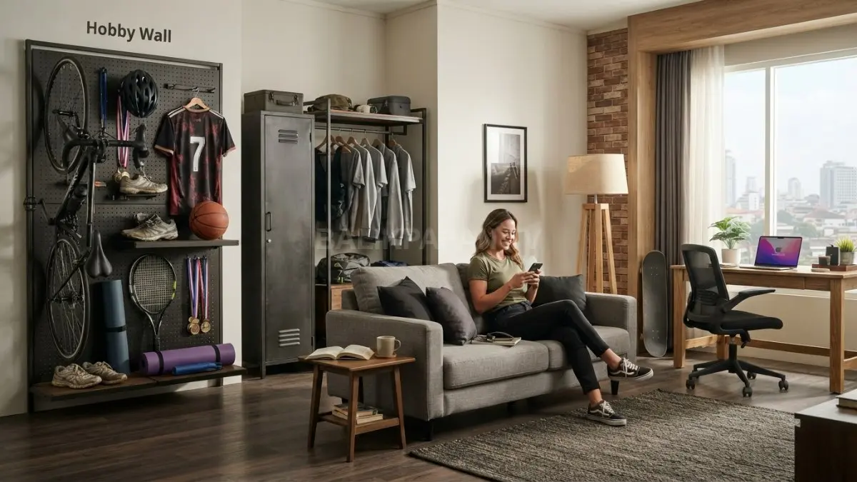 Gaya tomboy sporty menghadirkan hobby wall fungsional untuk memajang koleksi olahraga sekaligus memperkuat karakter interior rumah. (BTV/AI)
