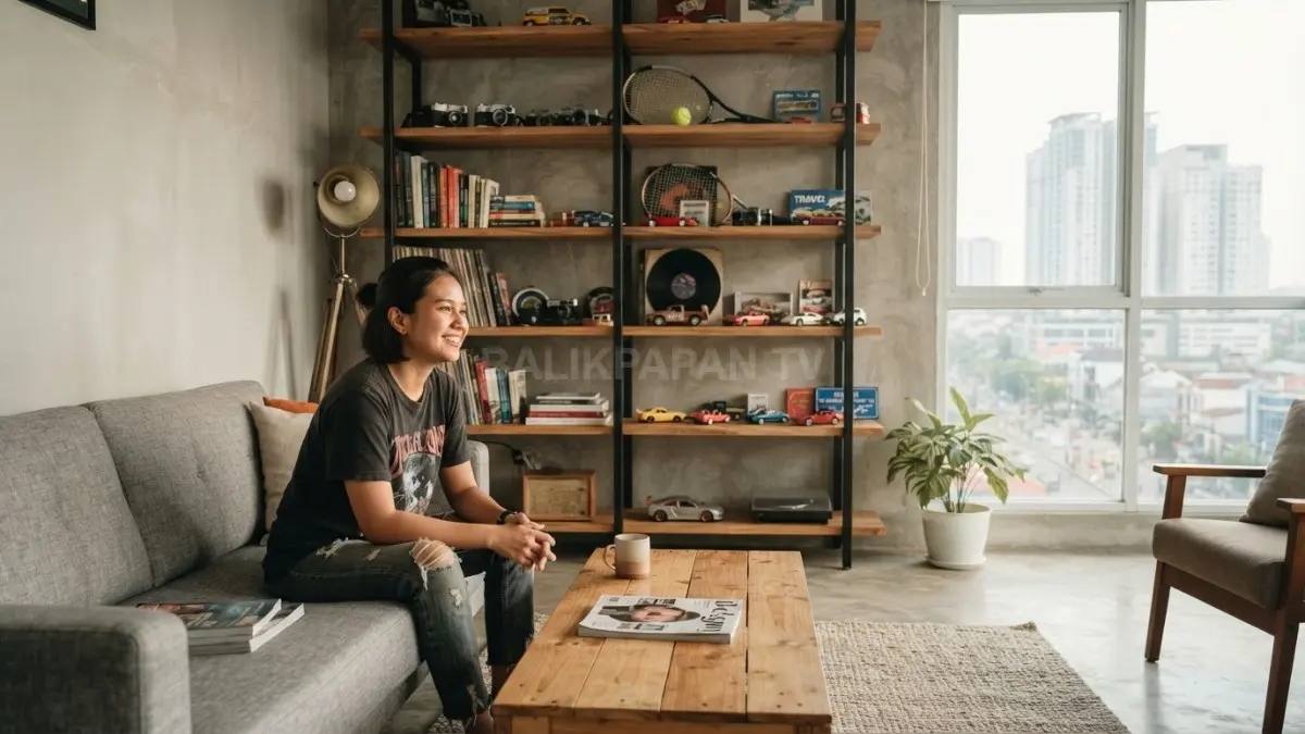 Gaya tomboy urban menghadirkan interior industrial dengan kayu, metal, rak terbuka, dan koleksi hobi yang personal. (BTV/AI)