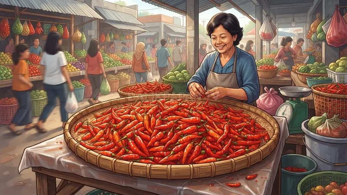Ilustrasi cabai rawit di pasar PPU setelah panen lokal meningkatkan pasokan dan mendorong harga turun signifikan (BTV/AI)