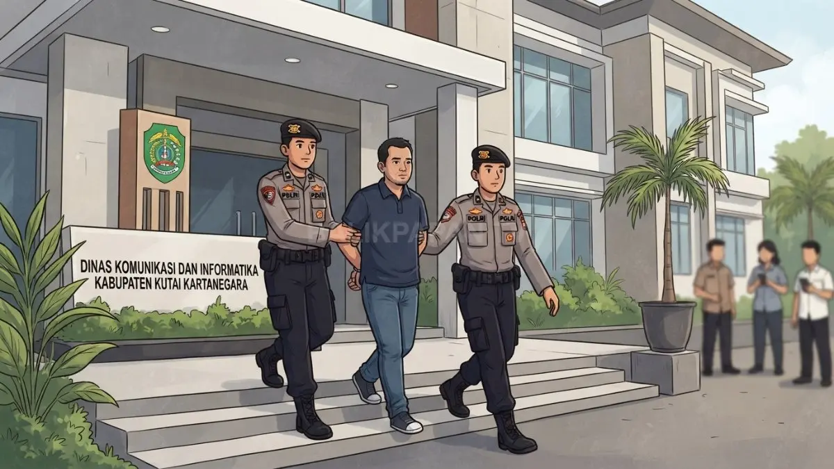 Ilustrasi Polisi mengamankan terduga pelaku kebakaran ruang rapat Diskominfo Kukar untuk proses hukum. (BTV/AI)