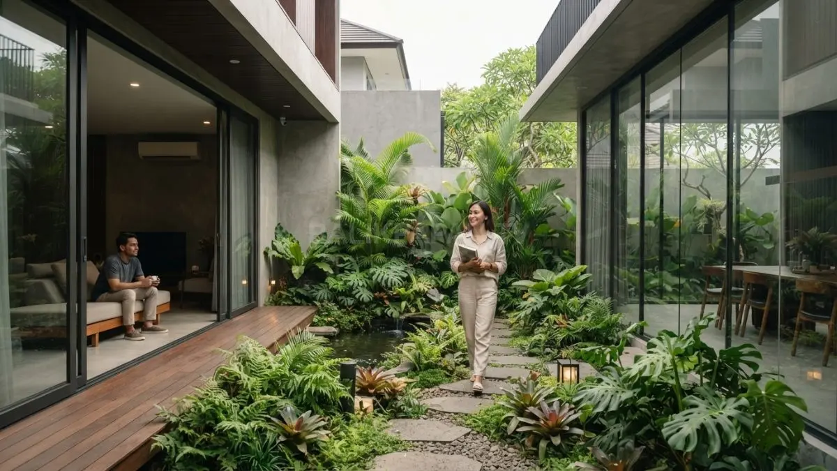 Inner courtyard menghadirkan taman hijau di tengah rumah, menciptakan suasana segar, estetik, dan menenangkan (BTV/AI)
