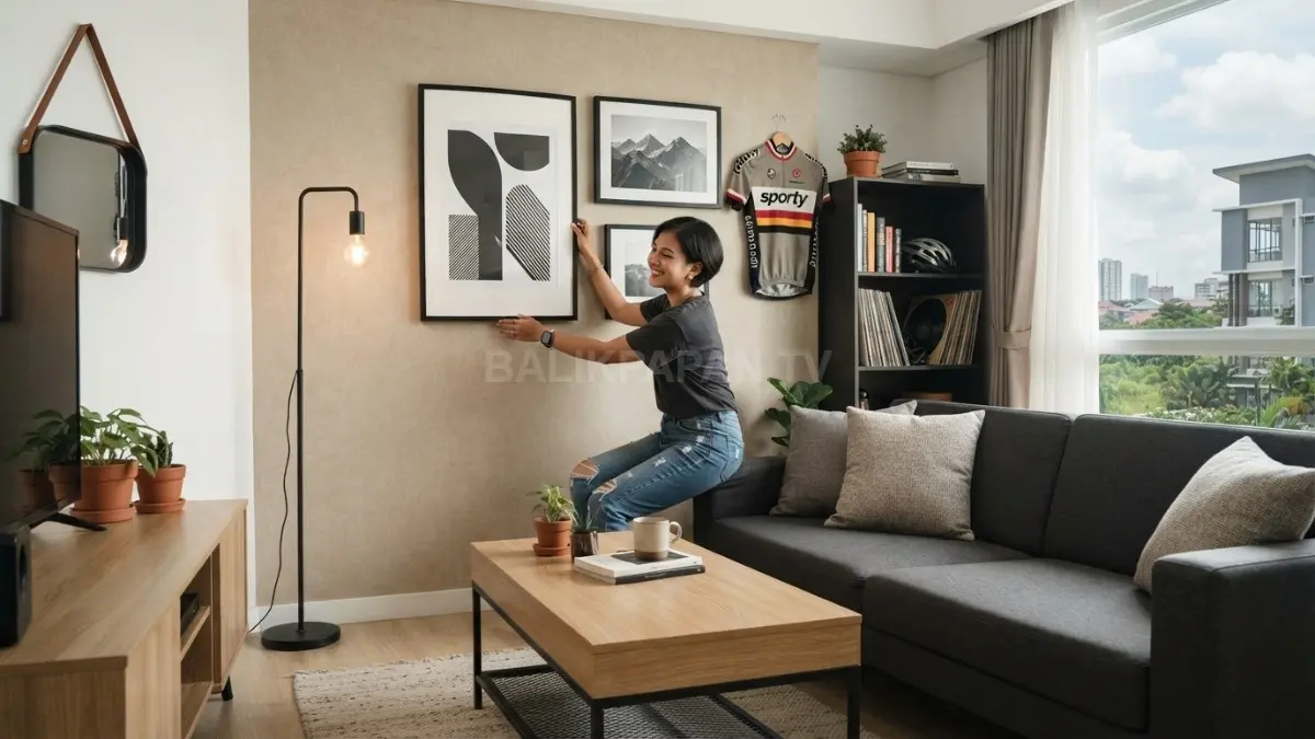 Interior bergaya tomboy memadukan warna netral, furnitur sederhana, material natural, serta dekorasi hobi secara selektif. (BTV/AI)