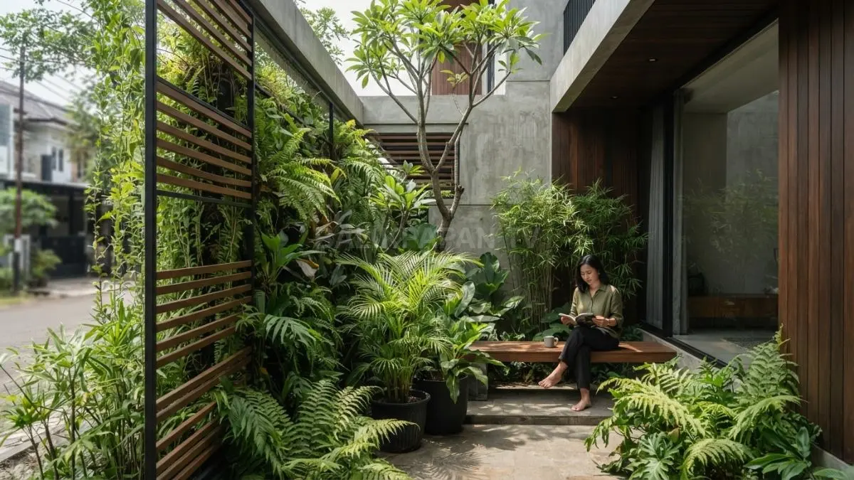 Introvert place dengan dinding hijau menciptakan privasi alami sekaligus menghadirkan hubungan visual dengan taman sekitarnya. (BTV/AI)