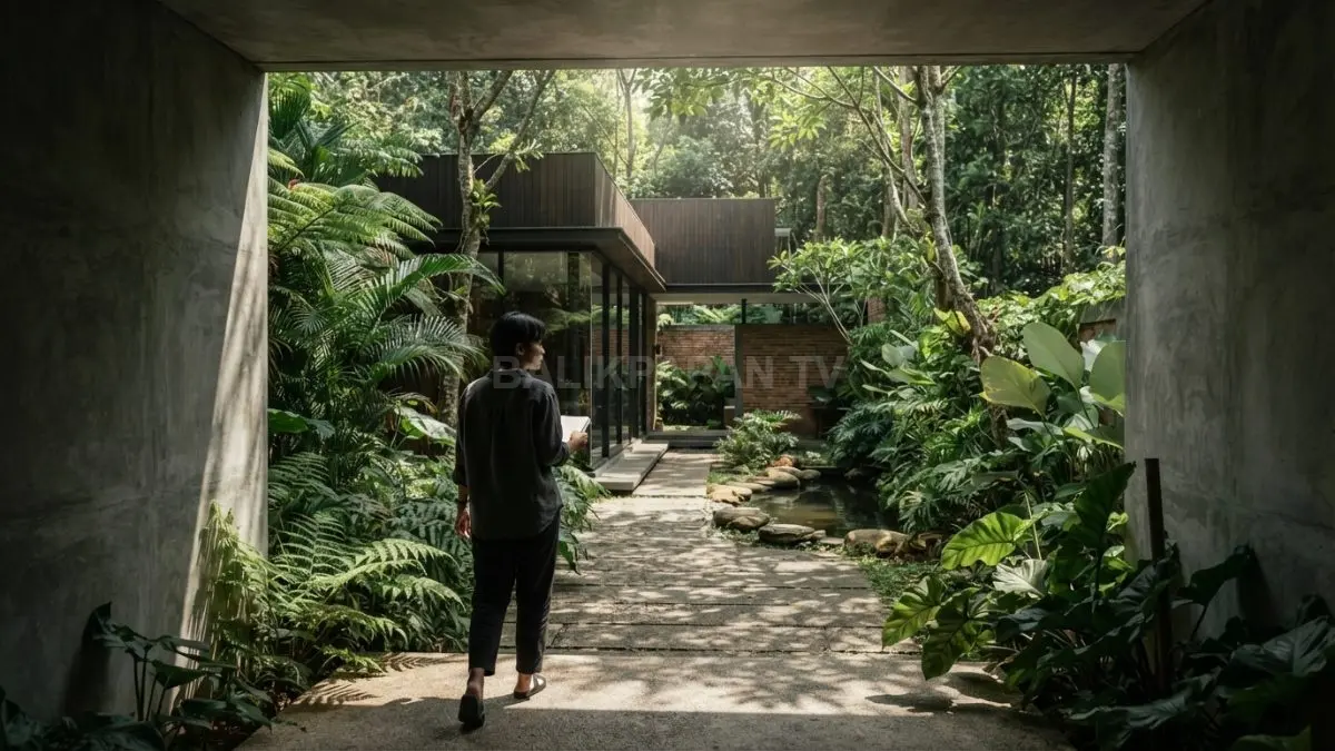 Introvert retreat memadukan taman tersembunyi, jalur masuk berliku, vegetasi, dan ruang privat untuk pengalaman tenang. (BTV/AI)
