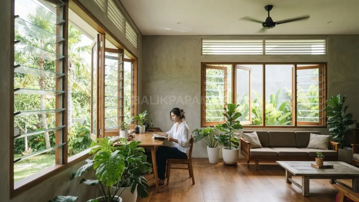 Jendela dan ventilasi silang menghadirkan cahaya alami serta sirkulasi udara optimal untuk kenyamanan rumah tropis. (BTV/AI)