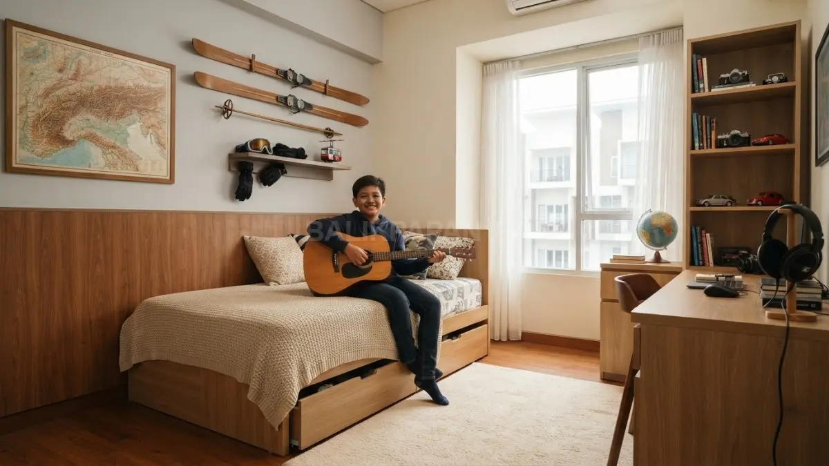 Kamar anak bergaya chalet Alpen memadukan ski, kayu, tekstil hangat, dan dekorasi pegunungan Eropa yang nyaman. (BTV/AI)