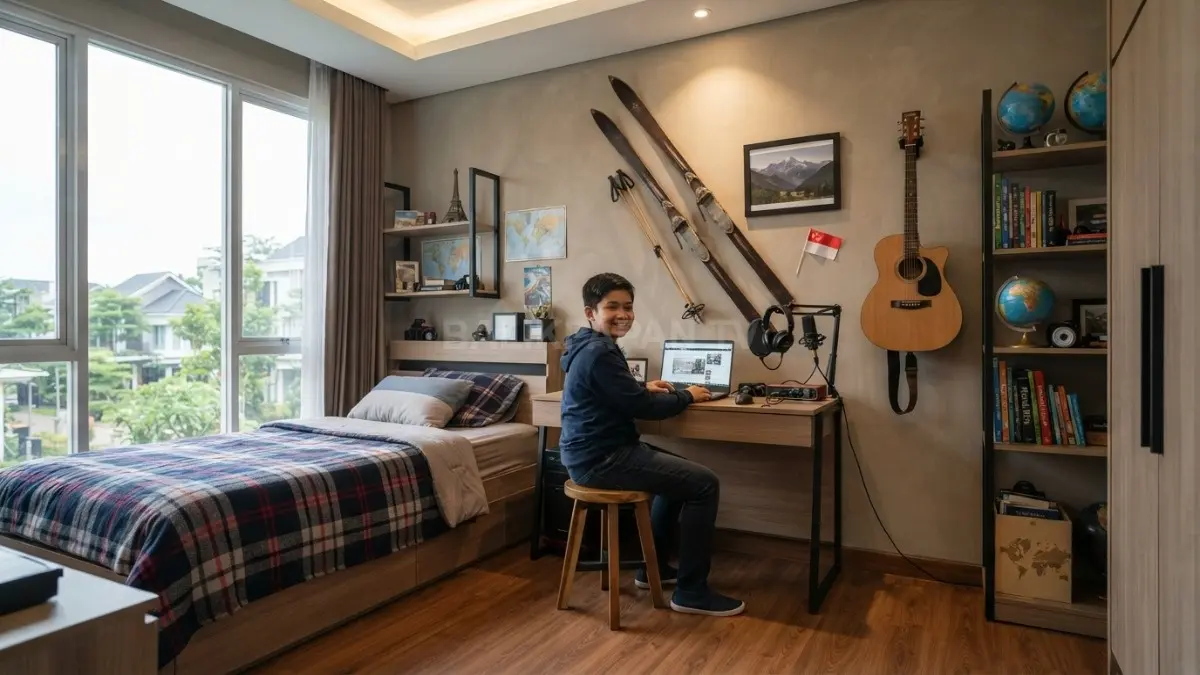 Kamar anak bergaya chalet Alpen menghadirkan suasana pegunungan melalui dekorasi ski, material kayu, dan furnitur fungsional. (BTV/AI)