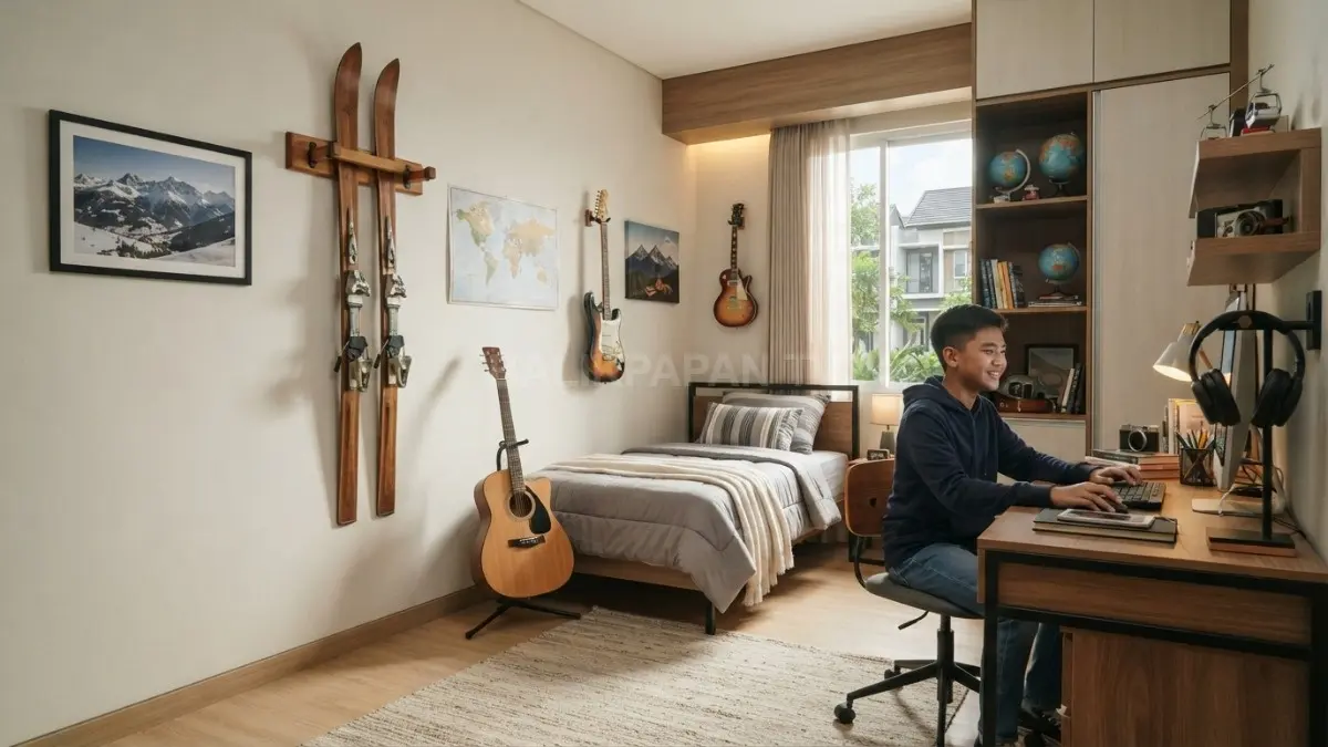 Kamar anak bergaya Eropa memadukan dekorasi ski, gitar, headphone, furnitur fungsional, dan penyimpanan personal. (BTV/AI)