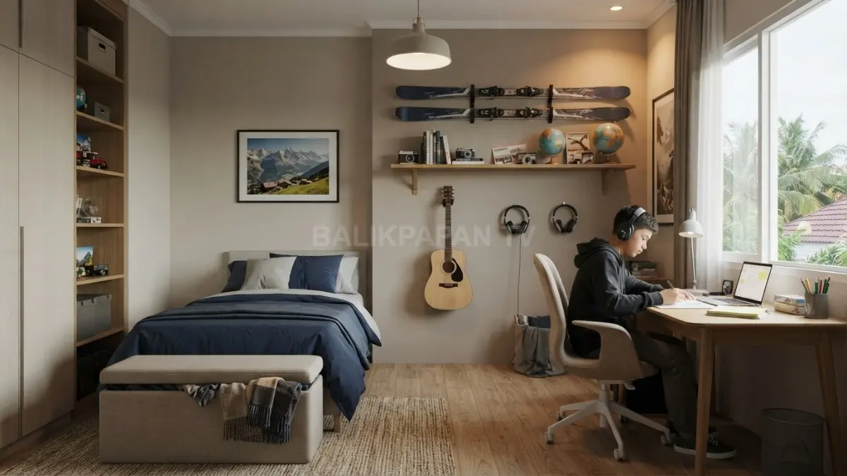 Kamar anak bergaya Eropa memadukan ski, gitar, headphone, dan zona hobi untuk ruang personal yang fungsional. (BTV/AI)