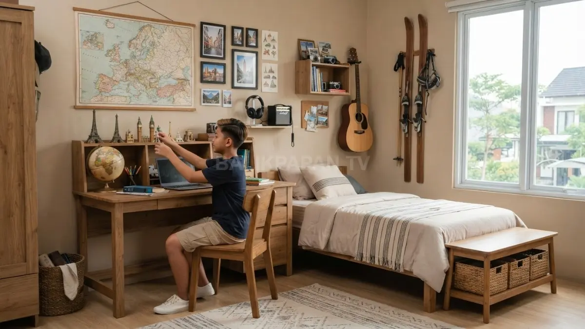 Kamar European Explorer memadukan peta Eropa, furnitur kayu klasik, rak koleksi, dan dekorasi perjalanan personal. (BTV/AI)