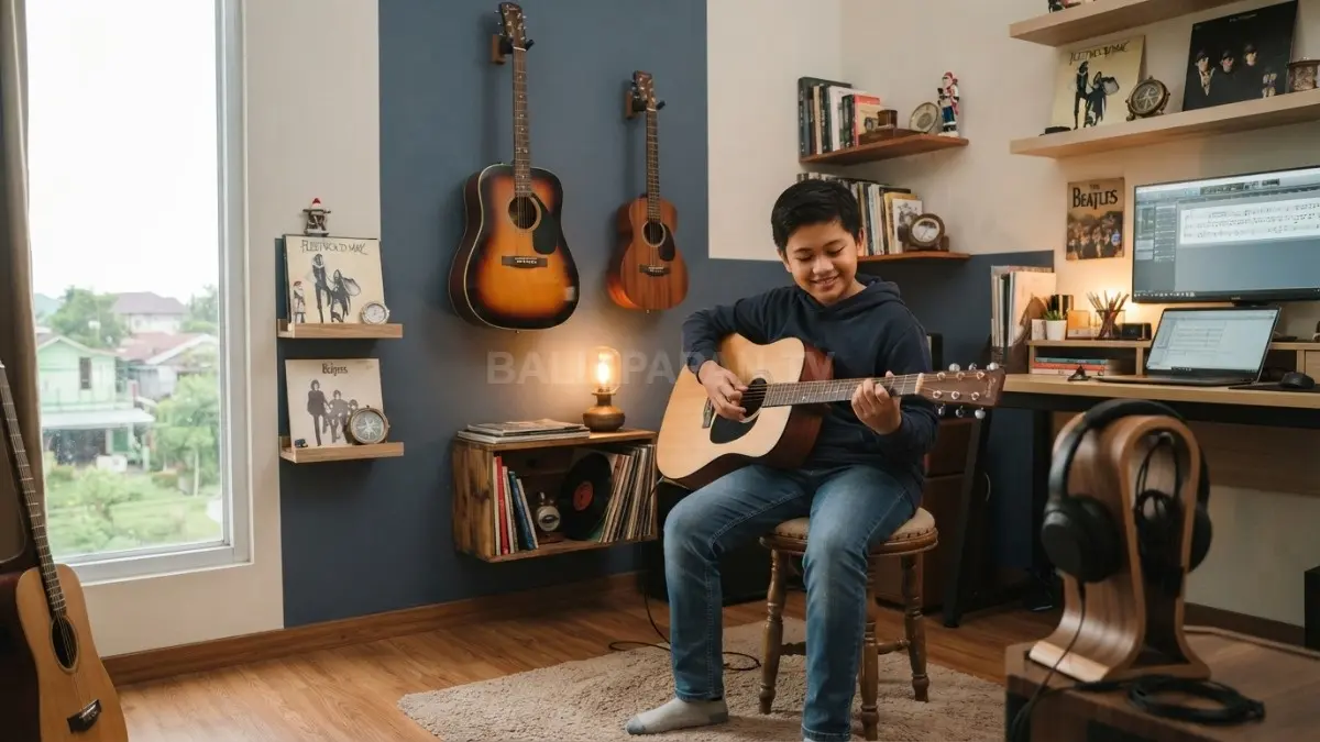 Kamar European Music Room menghadirkan gitar, headphone station, rak musik, dan furnitur kayu untuk ruang hobi nyaman. (BTV/AI)
