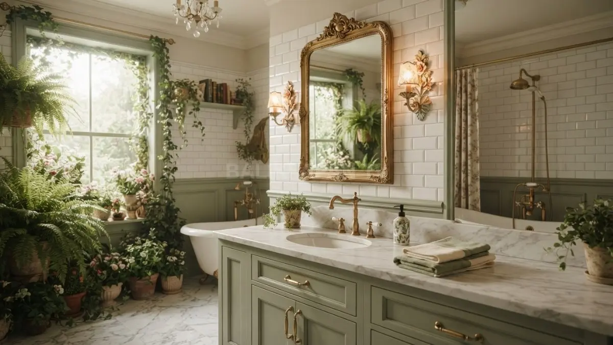 Kamar mandi enchanted garden menghadirkan nuansa dongeng melalui warna lembut, tanaman, cermin klasik, dan detail metal elegan. (BTV/AI)
