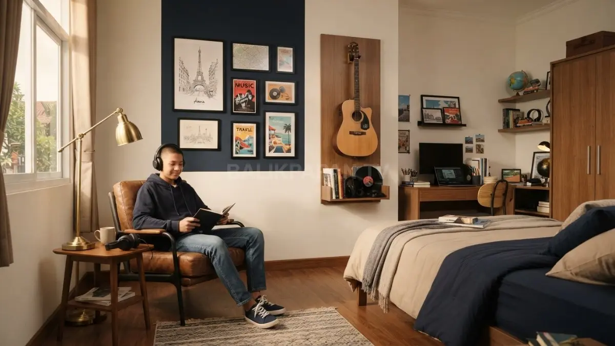 Kamar Parisian Teen memadukan furnitur klasik, gitar, gallery wall, dan reading chair untuk suasana Eropa modern. (BTV/AI)