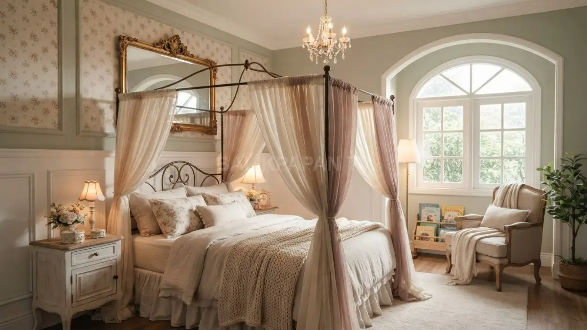 Kamar princess storybook menghadirkan canopy bed, warna pastel, chandelier, sudut membaca, serta cermin dekoratif elegan. (BTV/AI)