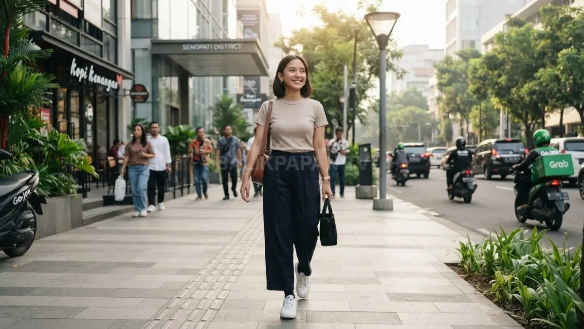 Kaus basic, wide leg, dan sneakers jadi trio simpel untuk tampil Korean style yang santai, modern, stylish, kekinian. (BTV/AI)

