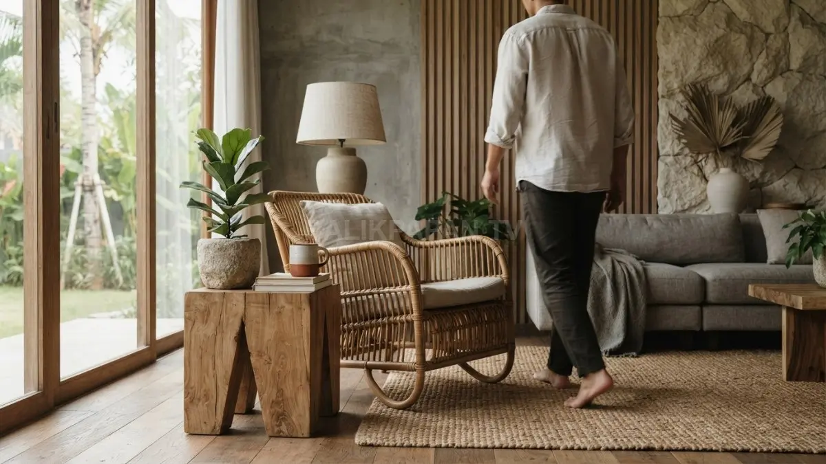 Kayu, rotan, batu, dan linen menghadirkan tekstur alami yang hangat, membumi, serta nyaman pada interior rumah tropis. (BTV/AI)