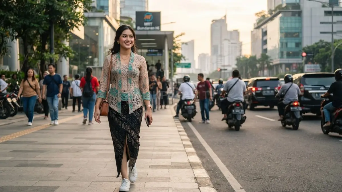 Kebaya Indonesia tampil anggun dan modern, memadukan warisan tradisional dengan sentuhan fashion kekinian untuk generasi masa kini. (BTV/AI)
