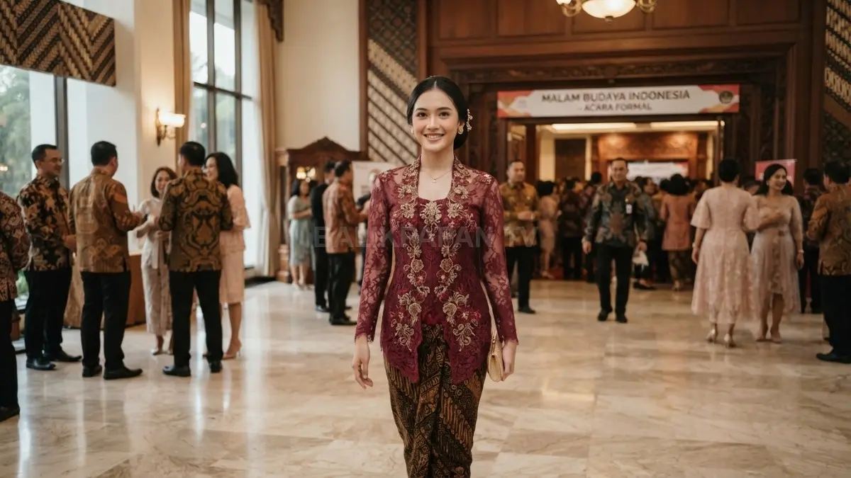 Kebaya klasik dengan bordir elegan dan kain tradisional menghadirkan pesona anggun, timeless, serta berkelas untuk acara formal (BTV/AI).
