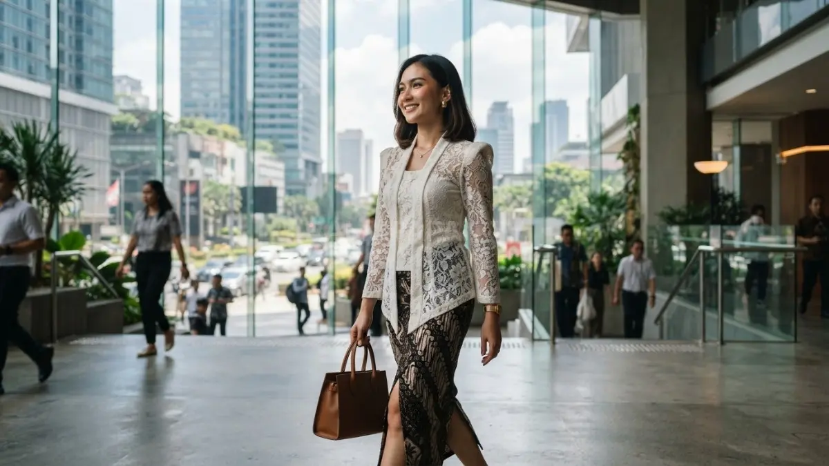 Kebaya modern berpadu sentuhan lokal menciptakan gaya elegan, autentik, kekinian, dan tetap memancarkan pesona budaya (BTV/AI).
