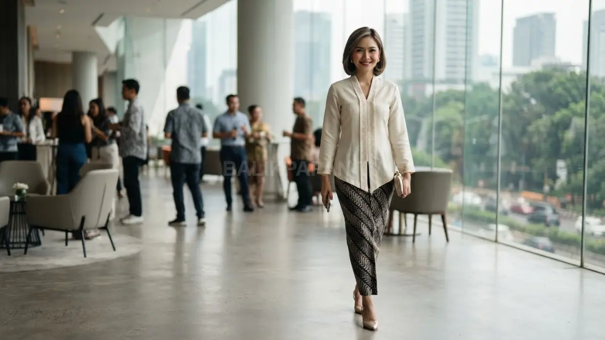 Kebaya modern minimalis dengan potongan clean, detail bordir sederhana, dan warna elegan bikin penampilan makin stylish (BTV/AI).
