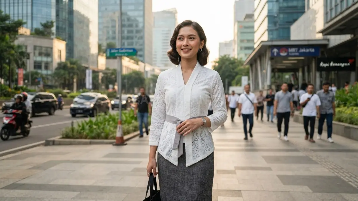 Kebaya monokrom menghadirkan gaya minimalis yang elegan, modern, dan mudah dipadukan dengan aksesori sederhana nan tepat (BTV/AI).
