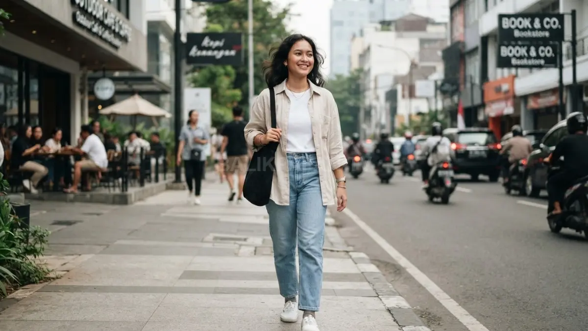 Kemeja oversize dan jeans menciptakan gaya Korean casual yang simpel, nyaman, stylish, dan effortless untuk keseharian (BTV/AI).

