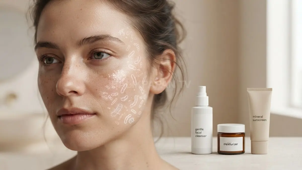 Keseimbangan mikrobioma kulit dijaga melalui penggunaan produk skincare dasar secara rutin dan tepat. (BTV/Ai)