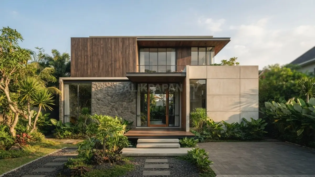 Material kayu, batu, beton, dan kaca dipadukan sederhana untuk memperkuat karakter fasad rumah secara harmonis. (BTV/AI)