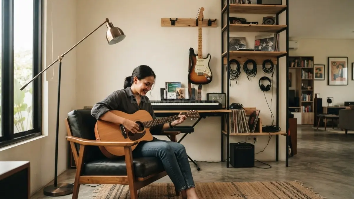 Music corner bergaya tomboy menghadirkan gitar, keyboard, rak, kursi santai, dan dekorasi personal yang fungsional. (BTV/AI)