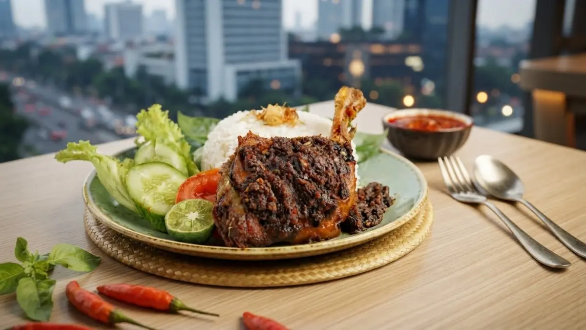 Nasi Itik Gambut khas Kalimantan Selatan disajikan dengan nasi dan lauk itik berbumbu habang yang kaya rempah. (BTV/AI)