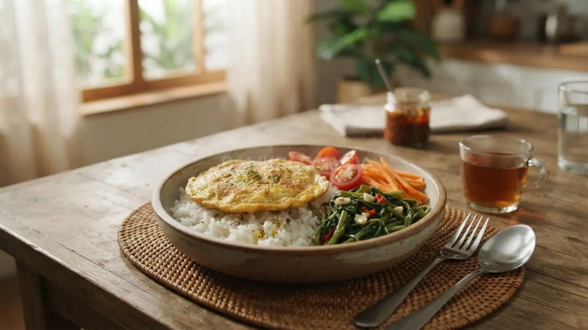 Nasi, telur, dan sayuran menjadi kombinasi sarapan praktis yang sederhana, beragam, dan mudah disiapkan sehari-hari (BTV/AI)