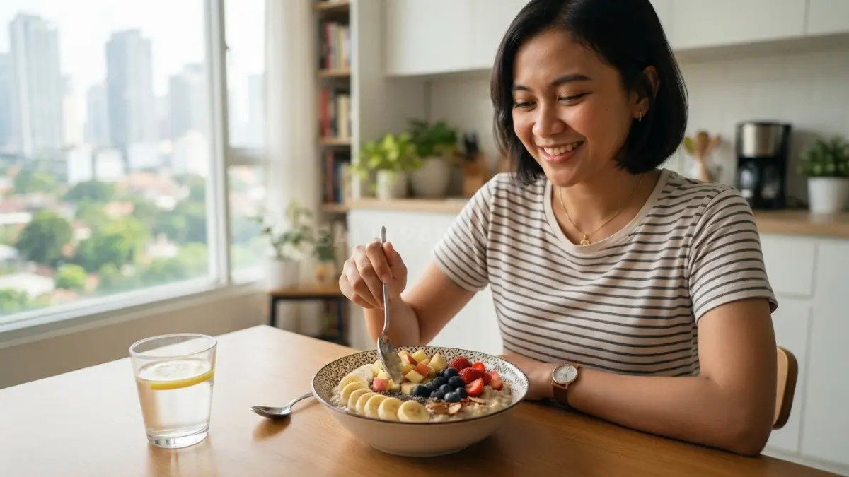 Oatmeal dengan buah menjadi sarapan praktis, sehat, terjangkau, dan mudah disesuaikan dengan bahan rumahan (BTV/AI).
