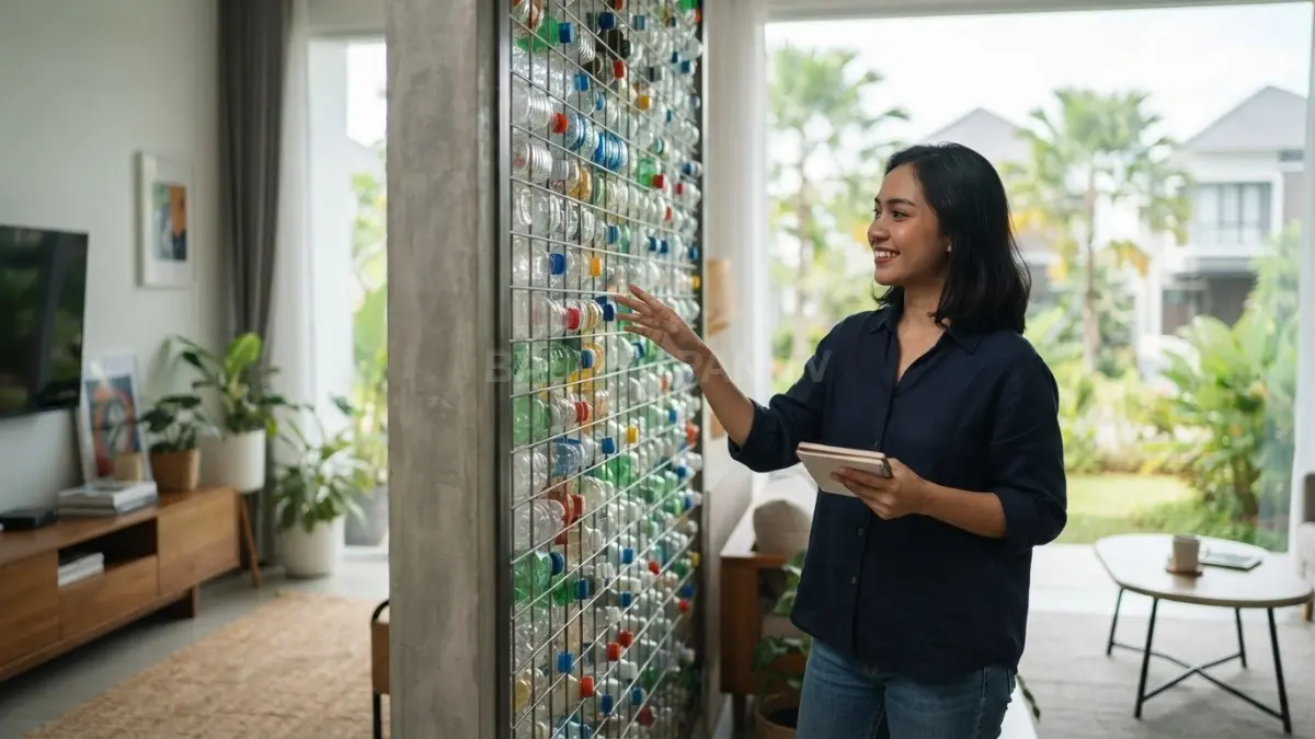 Partisi interior dari botol plastik daur ulang menghadirkan pembatas ruang kreatif sekaligus mendukung prinsip arsitektur berkelanjutan. (BTV/AI)