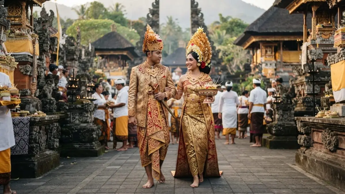 Payas Agung Bali tampil megah dengan busana lengkap dan aksesori khas dalam upacara adat penuh makna (BTV/AI).
