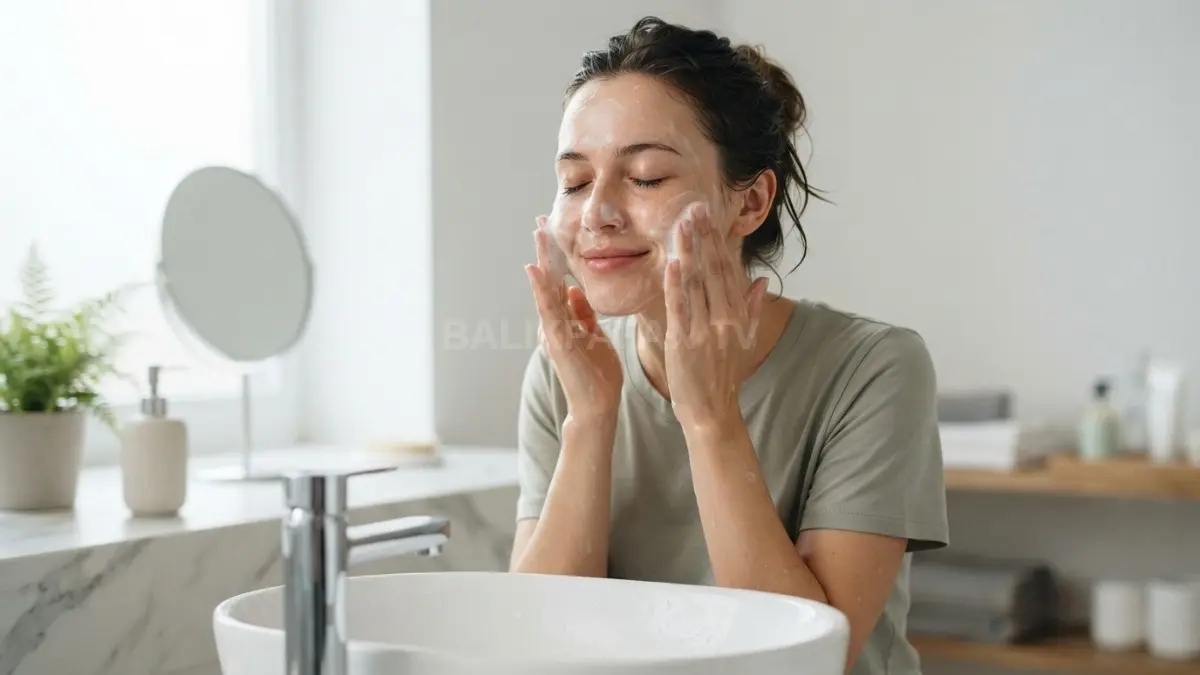 Pembersihan wajah secara lembut dan teratur efektif menjaga kesehatan kulit sehat alami setiap hari. (BTV/Ai)
