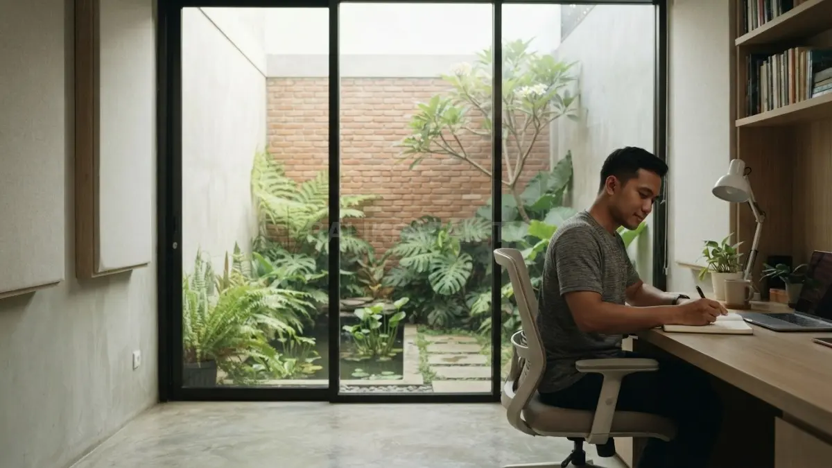 Ruang baca dan kerja pribadi memanfaatkan courtyard, taman kecil, kontrol visual, serta akustik untuk menciptakan konsentrasi. (BTV/AI)
