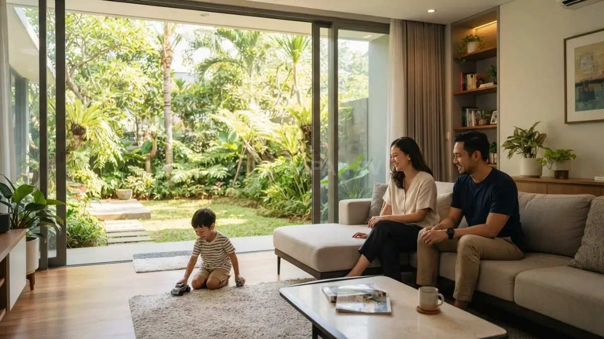 Ruang keluarga menghadap taman menciptakan suasana luas, fleksibel, alami, dan menyatukan area indoor outdoor (BTV/AI)
