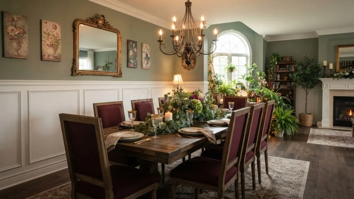 Ruang makan bergaya fairy tales menghadirkan meja kayu, chandelier, furnitur klasik, dan warna heritage yang elegan. (BTV/AI)