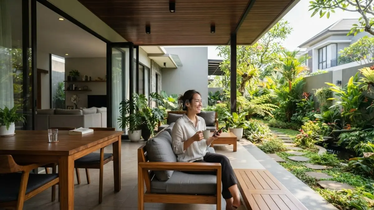 Ruang semi-outdoor terhubung taman menciptakan suasana fleksibel, sejuk, alami, dan nyaman untuk bersantai bersama keluarga (BTV/AI)
