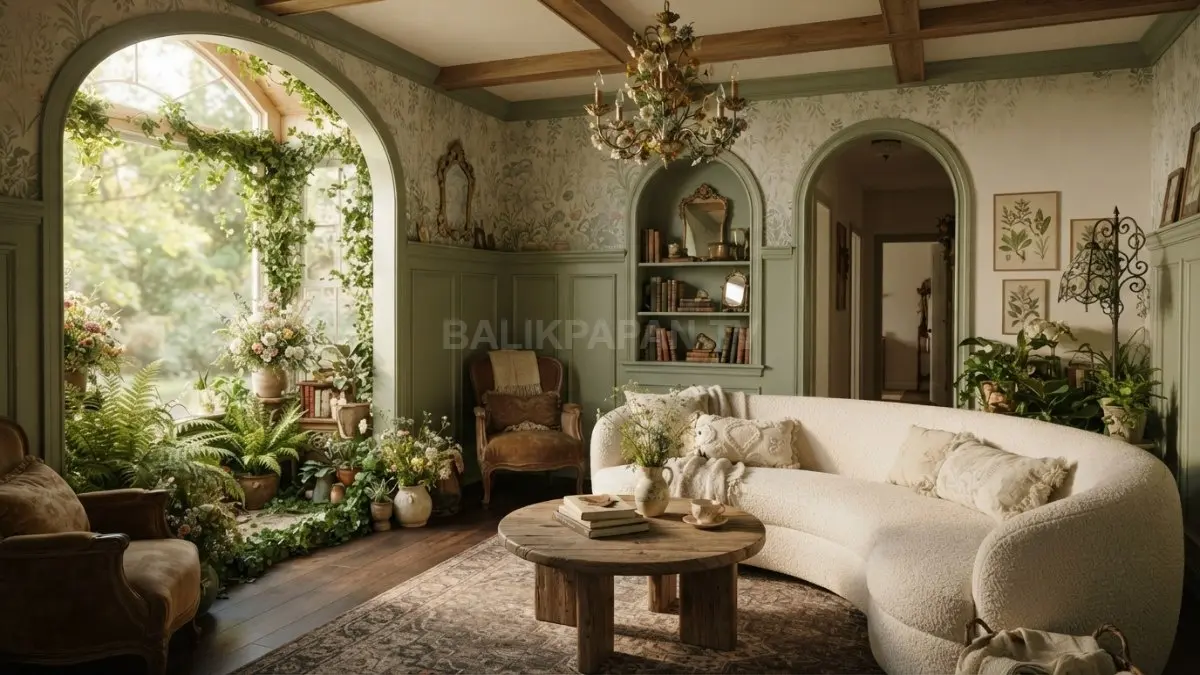 Ruang tamu fairy tales menghadirkan nuansa enchanted forest melalui warna lembut, furnitur klasik, tanaman, dan lengkungan dekoratif. (BTV/AI)