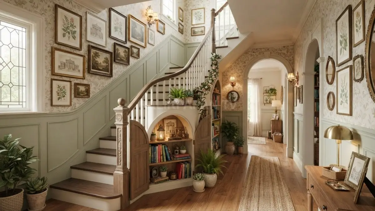 Rumah fairy tales menghadirkan lorong dan tangga bernuansa secret passage melalui panel kayu, lampu hangat, serta artwork dekoratif. (BTV/AI)