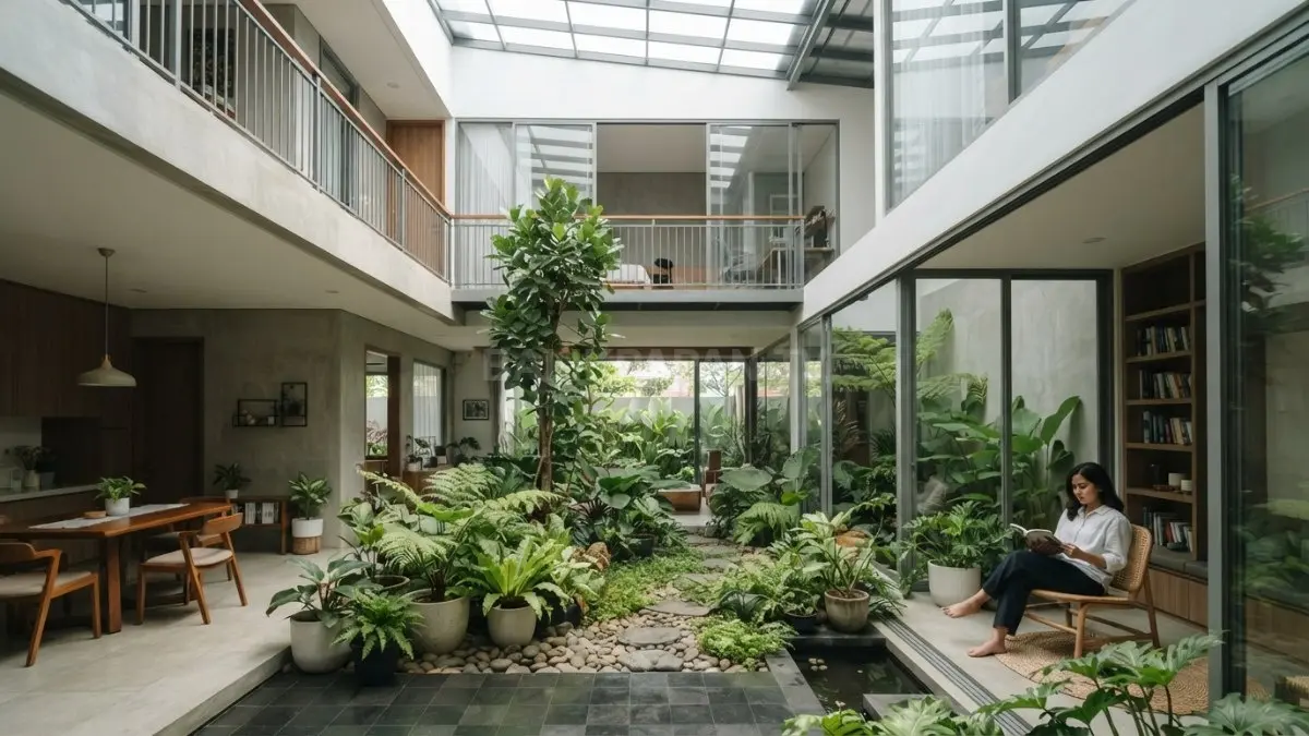 Rumah introvert menghadirkan taman indoor sebagai pusat ruang, memadukan cahaya alami, tanaman hijau, dan privasi. (BTV/AI)