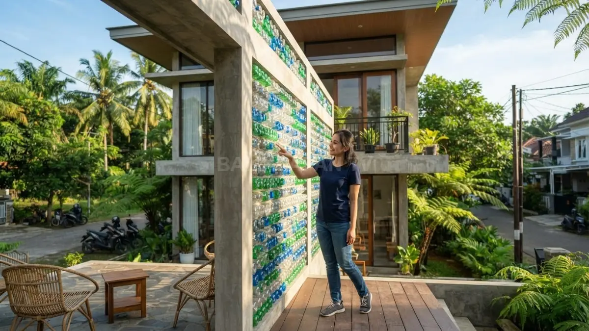 Rumah tropis memanfaatkan botol plastik sebagai elemen dinding termal dengan dukungan ventilasi, naungan, dan orientasi. (BTV/AI)