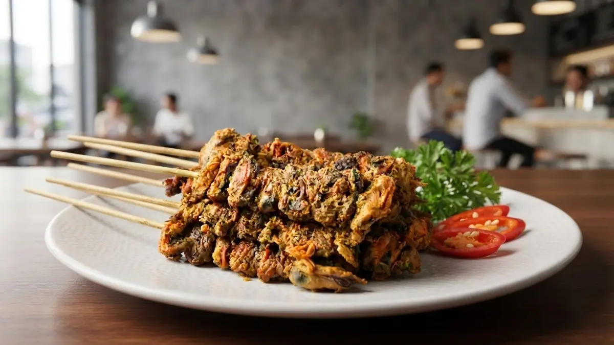 Sate Temburung khas Tarakan menggunakan daging kerang laut berbumbu rempah yang ditusuk dan dipanggang hingga matang. (BTV/AI)