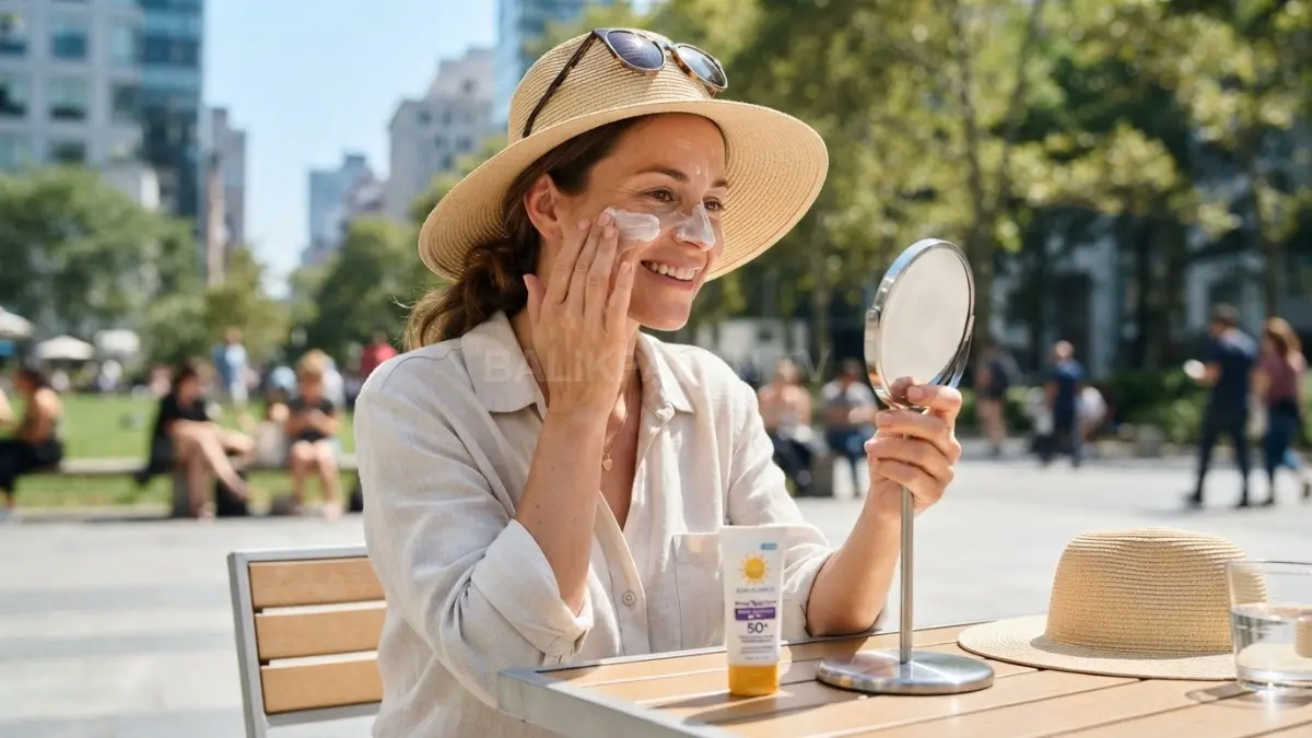 Sunscreen SPF 30 membantu melindungi kulit dari paparan UV, didukung pakaian pelindung dan tempat teduh. (BTV/AI)