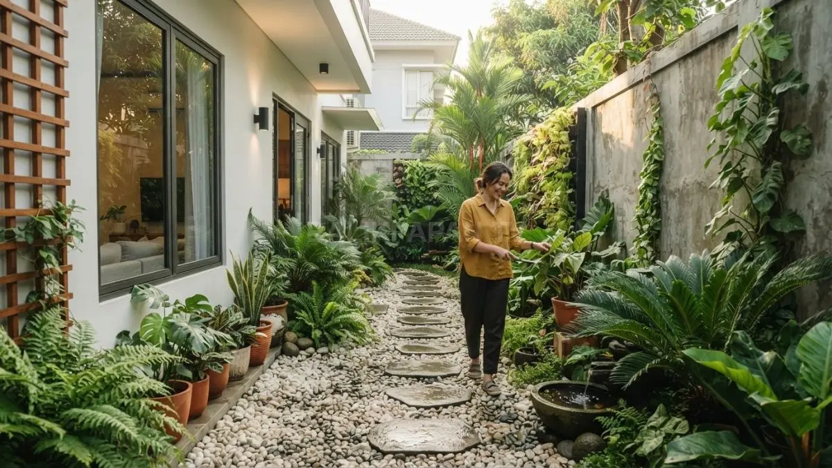 Taman memanjang di samping rumah menjadi solusi hijau untuk hunian minimalis dengan lahan terbatas (BTV/AI)
