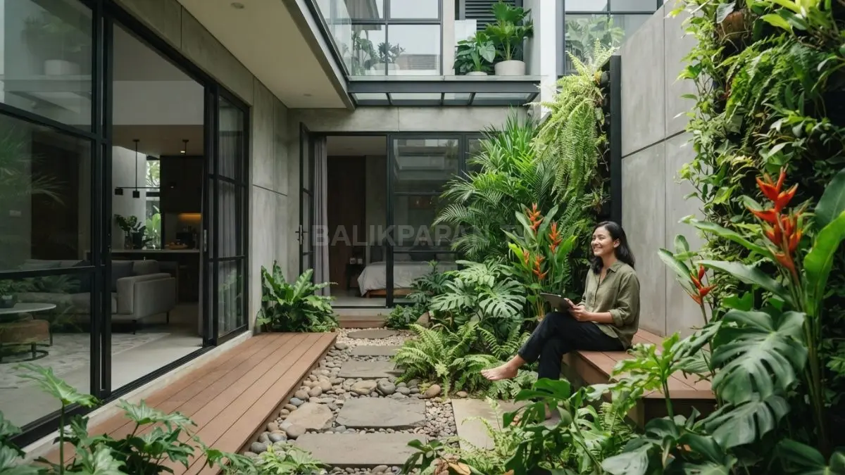 Taman menyatu dengan arsitektur, menghadirkan ruang hijau fungsional yang menghubungkan interior dan eksterior rumah modern (BTV/AI)
